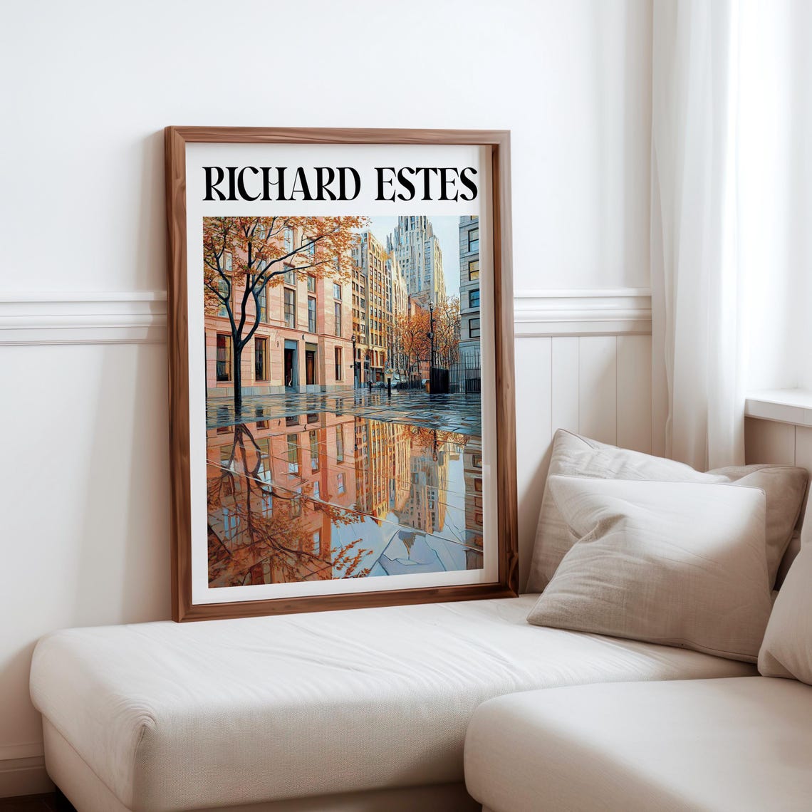 Wet Plaza Brick Buildings Autumn Tree Reflections Photorealism Poster