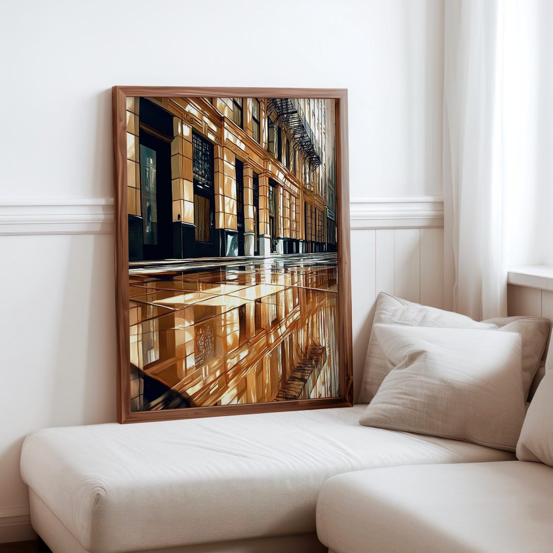 Photorealistic Golden Ornate Facade Fire Escape Wet Plaza Poster