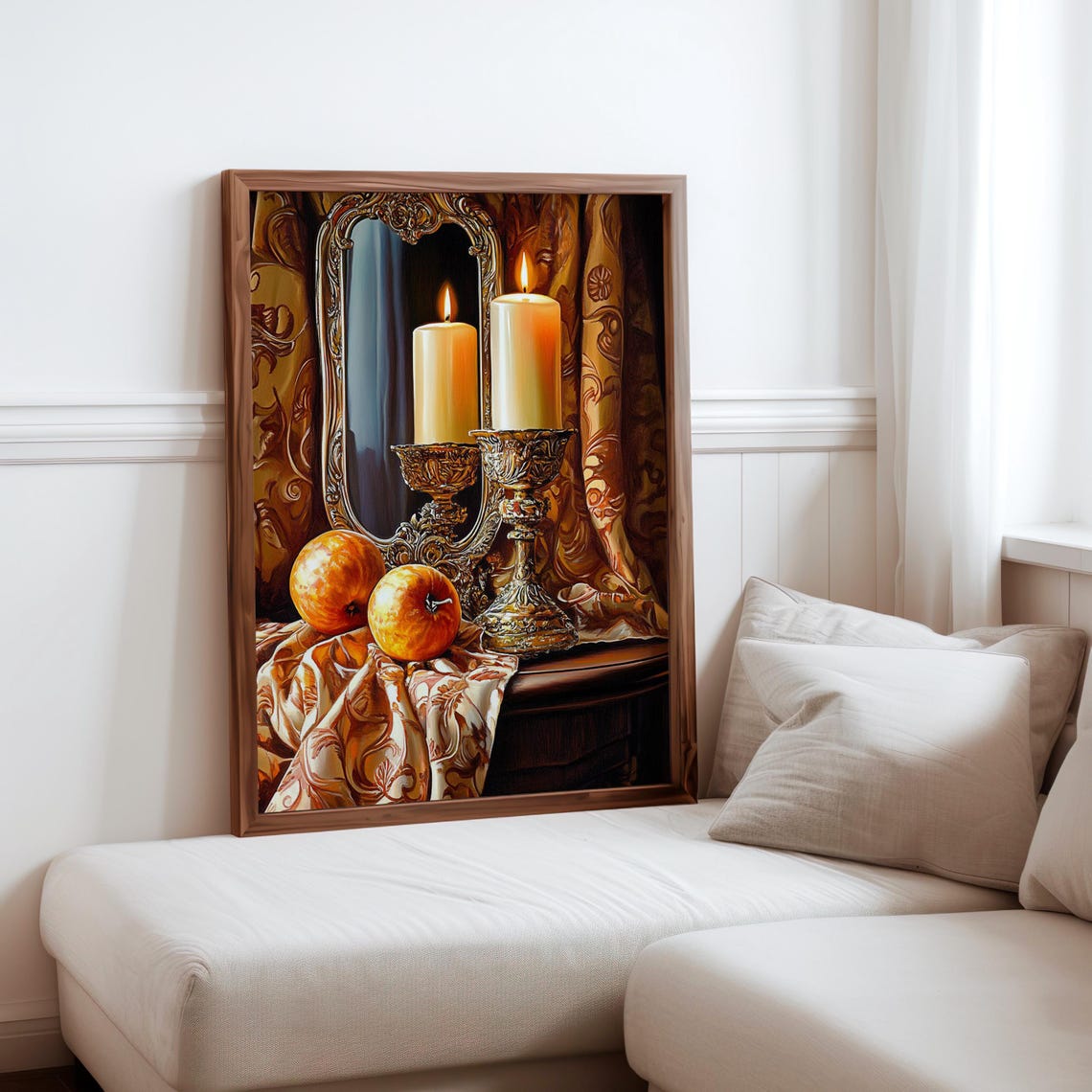 Bronze Candlesticks Apples Damask Drapery Still Life Art Print