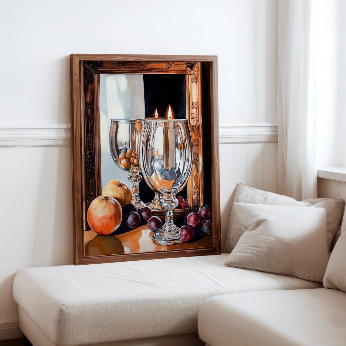 Large Crystal Goblets Candles Peaches Plums Gilt Mirror Art Print