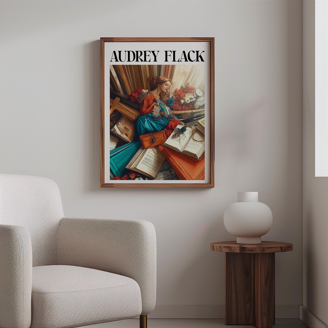 Audrey Flack Woman Teal Dress Books Butterfly Still Life Art Poster - Image 2