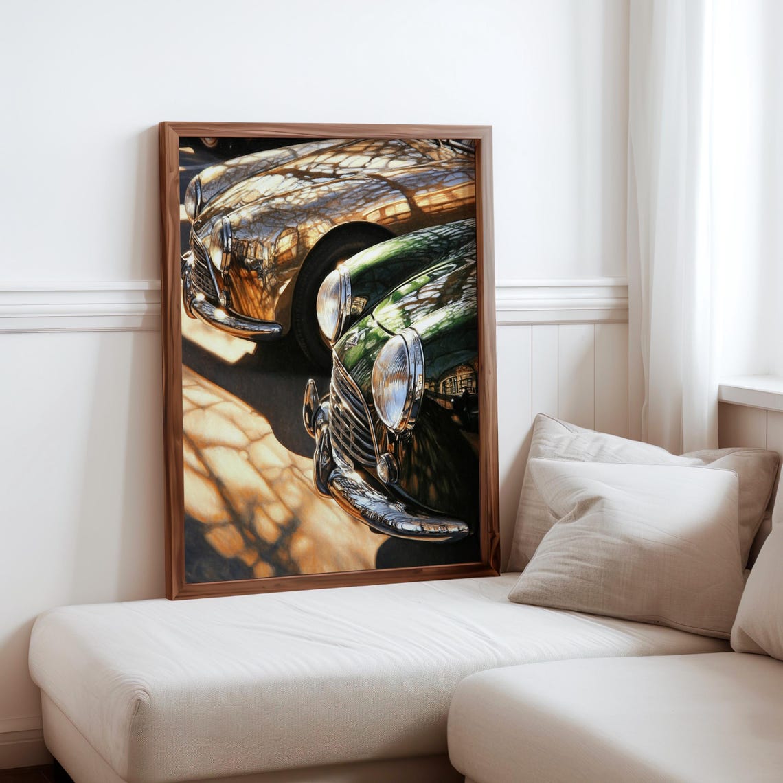 Vintage Car Chrome Grille Headlight Close Up Sunlit Street Poster