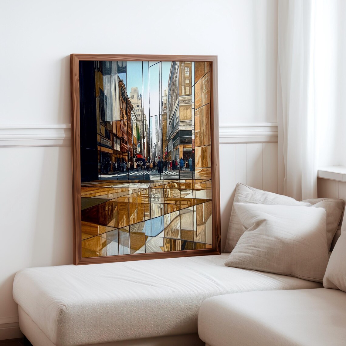 Photorealistic Busy City Street Fragmented Glass Reflections Poster