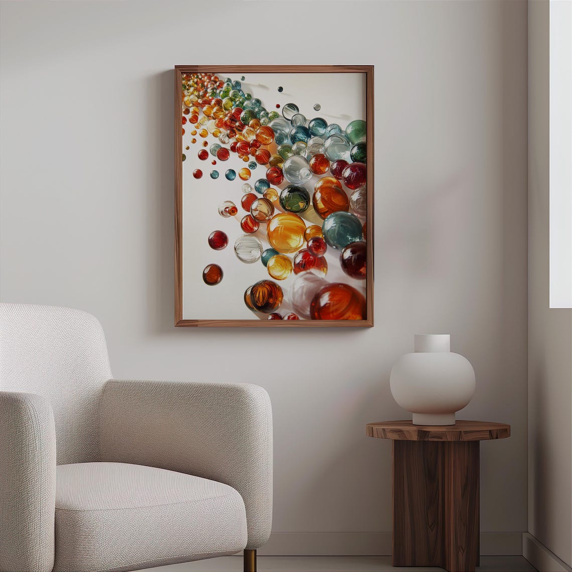 Diagonal Cascade Colorful Glass Marbles White Wall Photorealism Poster - Image 2
