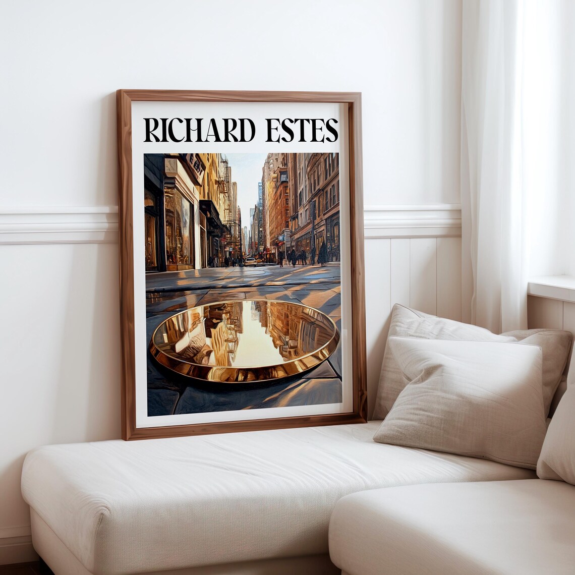 Bronze Disc Street Reflection Wet Pavement Photorealism Urban Poster