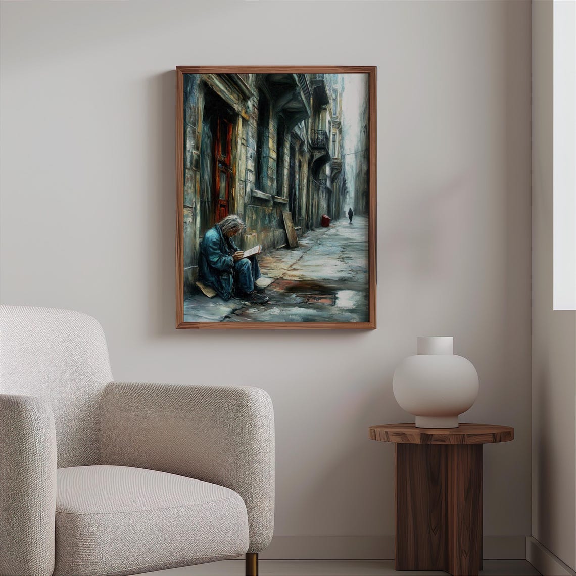 Rainy Alley Reading Man Photorealistic Urban Street Scene Poster - Image 2