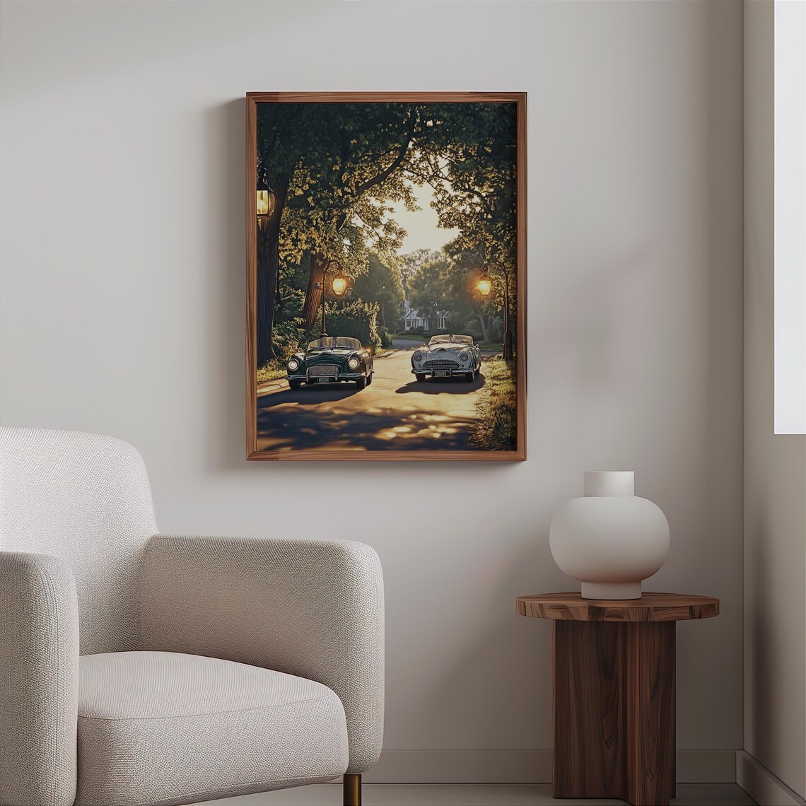 Vintage Roadsters Lamp Lit Avenue Dusk Photorealistic Car Poster - Image 2