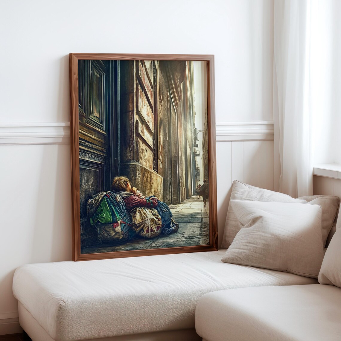 Sleeping Child Street Bags Doorway Golden Light Photorealism Poster