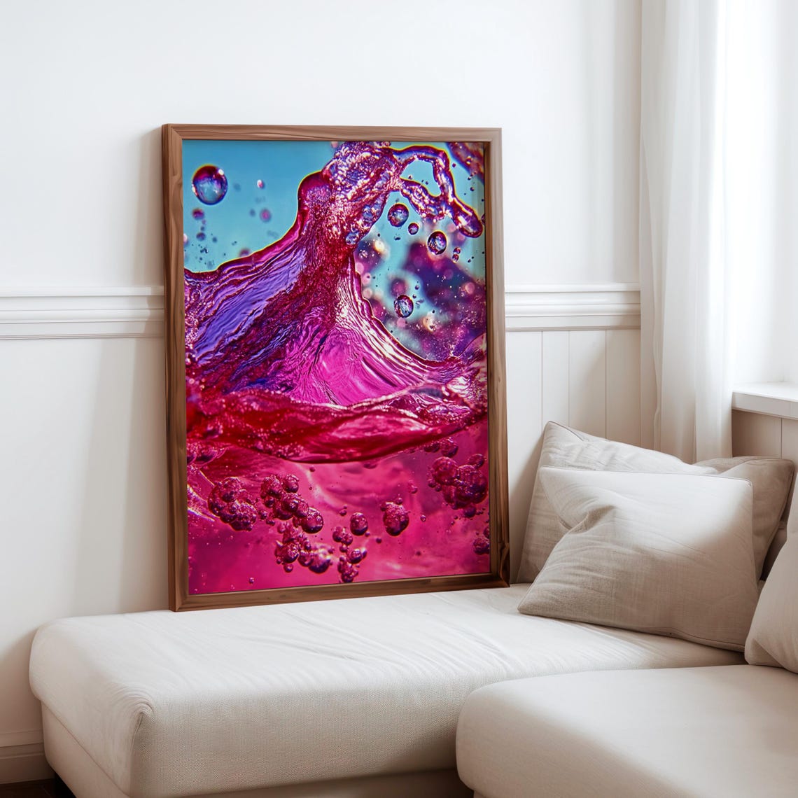 Pink Liquid Splash Cyan Bubbles Photorealistic Abstract Art Poster