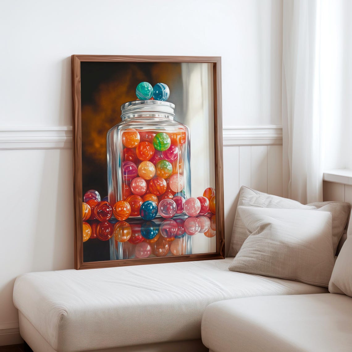 Candy Jar Metal Lid Rainbow Gumballs Blue Marbles Warm Dark Poster