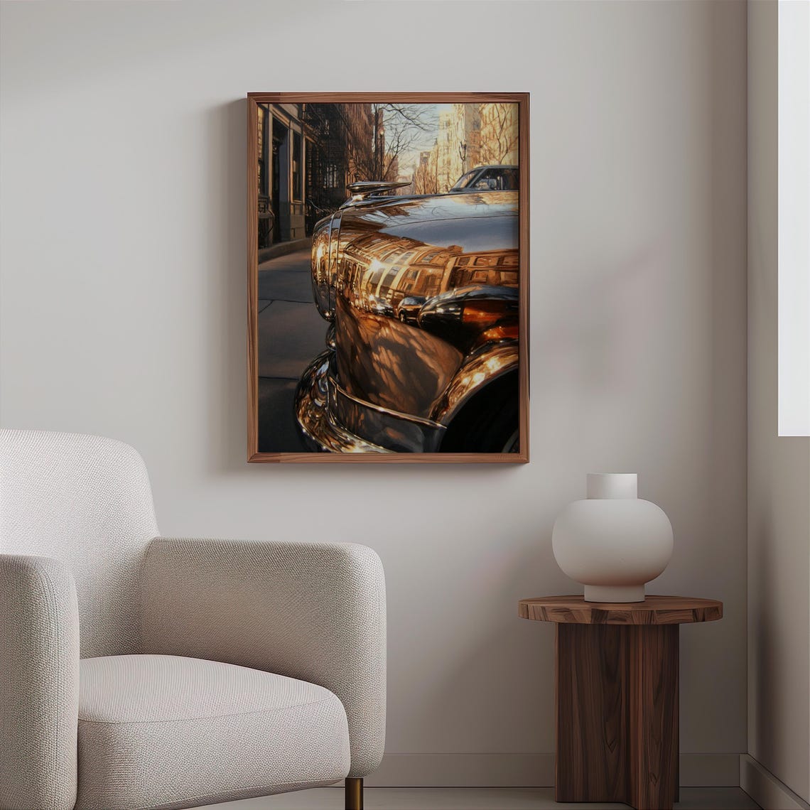 Chrome Fender City Building Reflection Golden Hour Auto Poster - Image 2