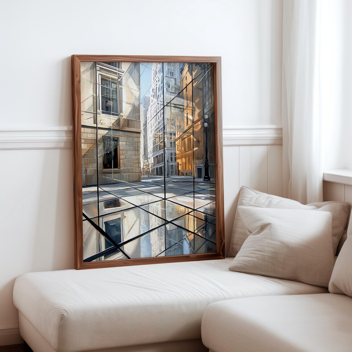 Photorealistic Geometric Glass Panels Sunlit Plaza Reflections Poster