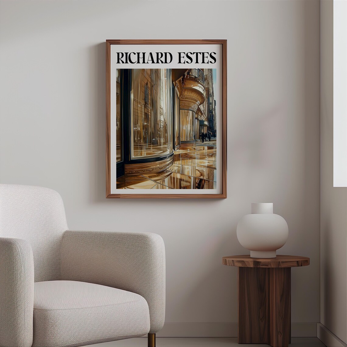 Curved Bay Window Building Golden Street Photorealism Urban Art Poster - Image 2