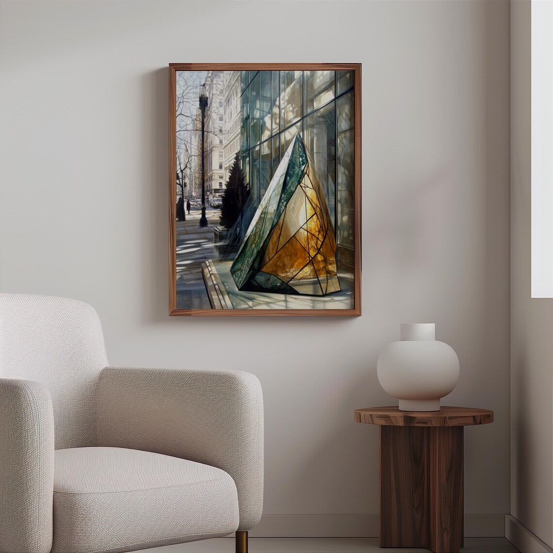 Photorealistic Faceted Glass Pyramid Sculpture City Sidewalk Poster - Image 2