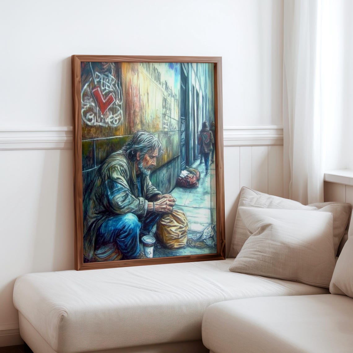 Elderly Man Sidewalk Coffee Cup Graffiti Wall Photorealism Poster