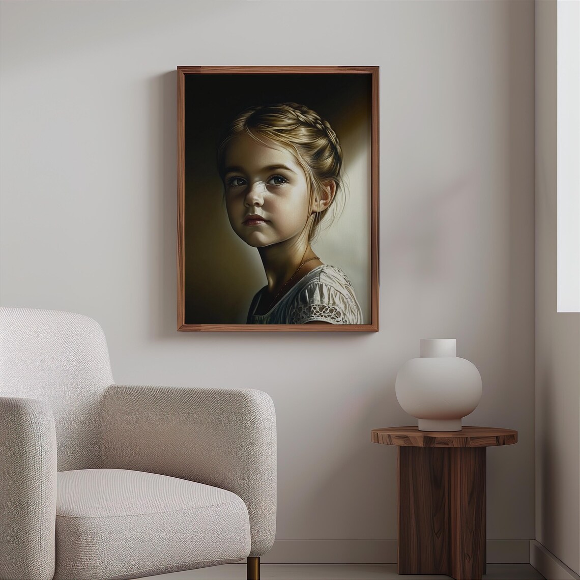 Braided Hair Girl Lace Top Chiaroscuro Classical Portrait Print - Image 2
