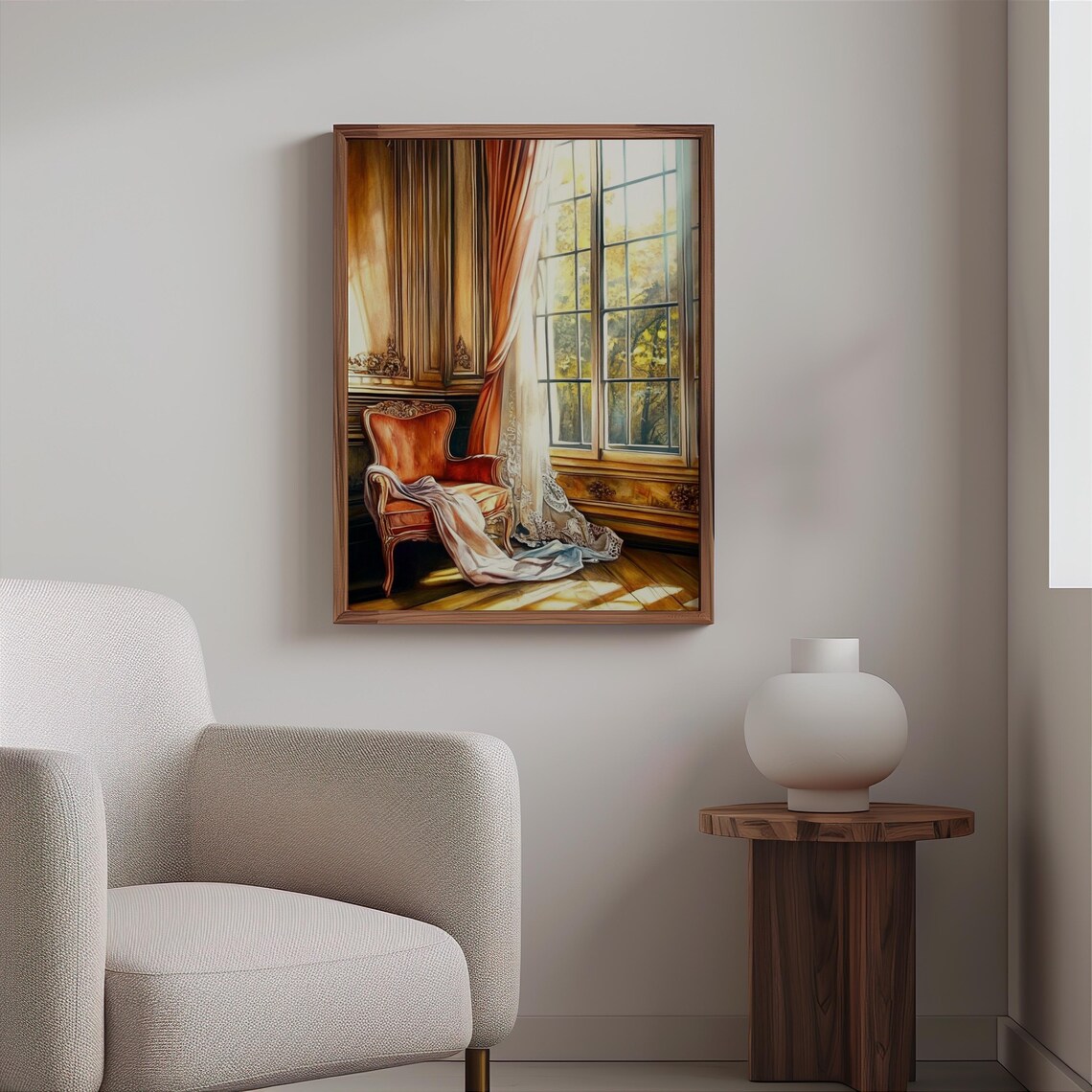 Orange Armchair Sunlit Window Classic Interior Photorealism Poster - Image 2