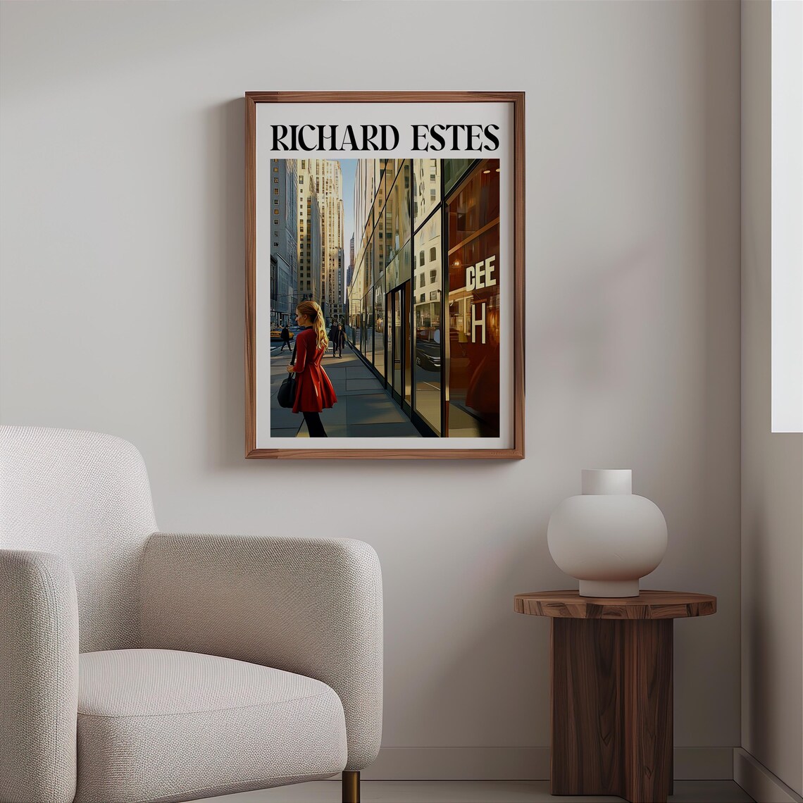 Richard Estes Woman Red Coat Glass Skyscraper Reflections Art Poster - Image 2