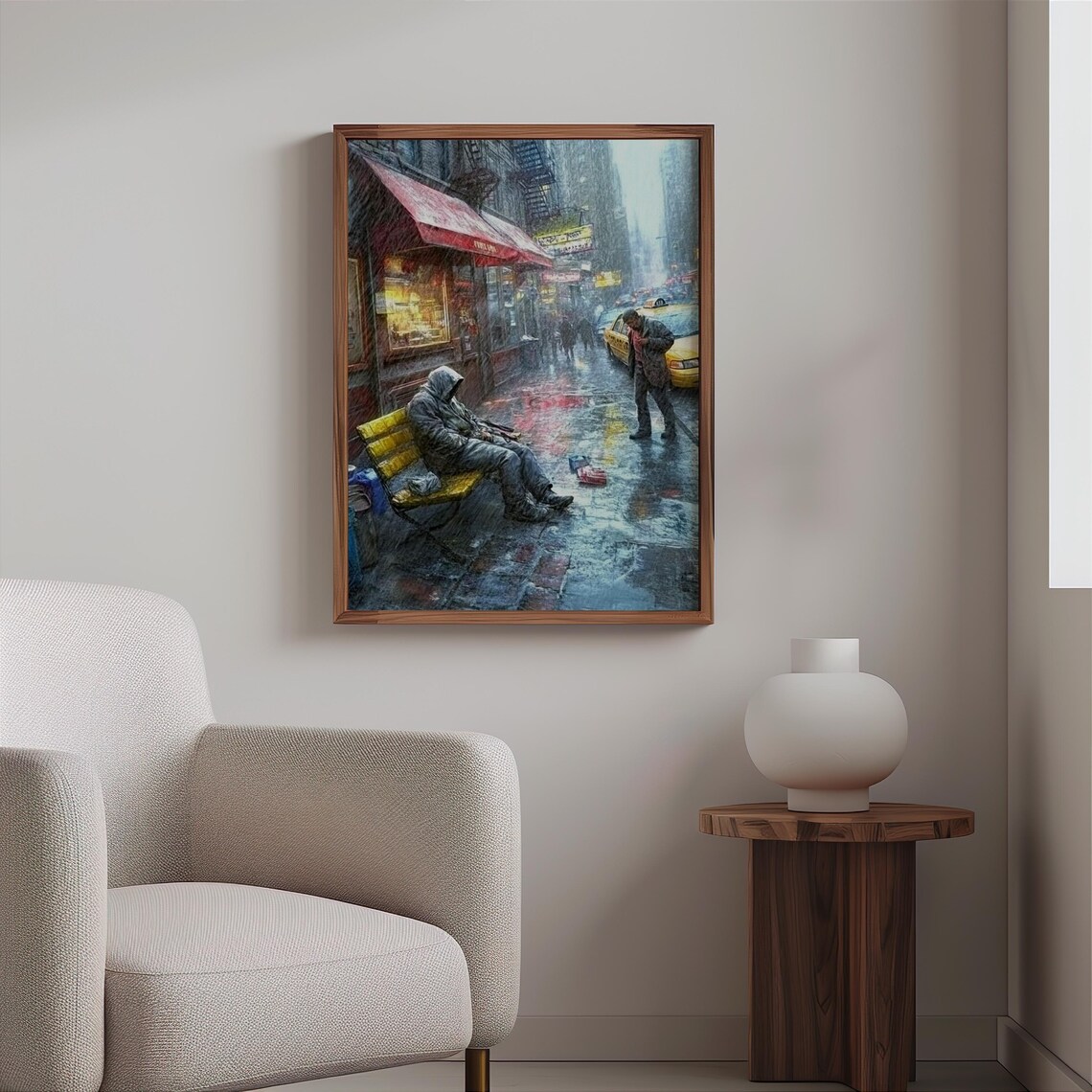 Rainy New York Street Homeless Man Sleeping Bench Art Poster - Image 2
