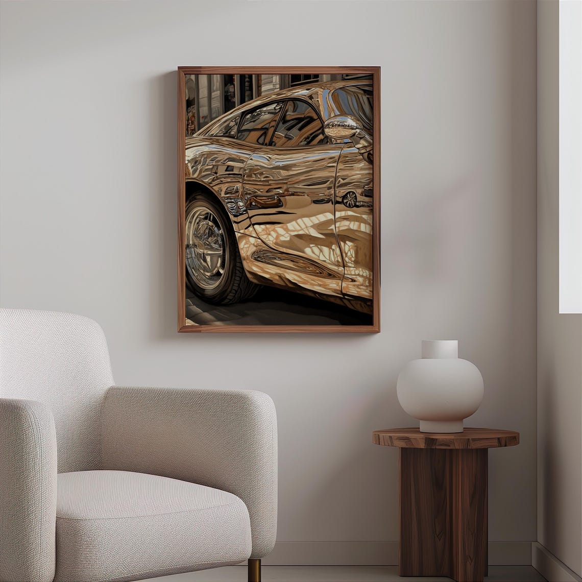 Chrome Sports Car Side Golden Mirror Reflection Street Auto Poster - Image 2