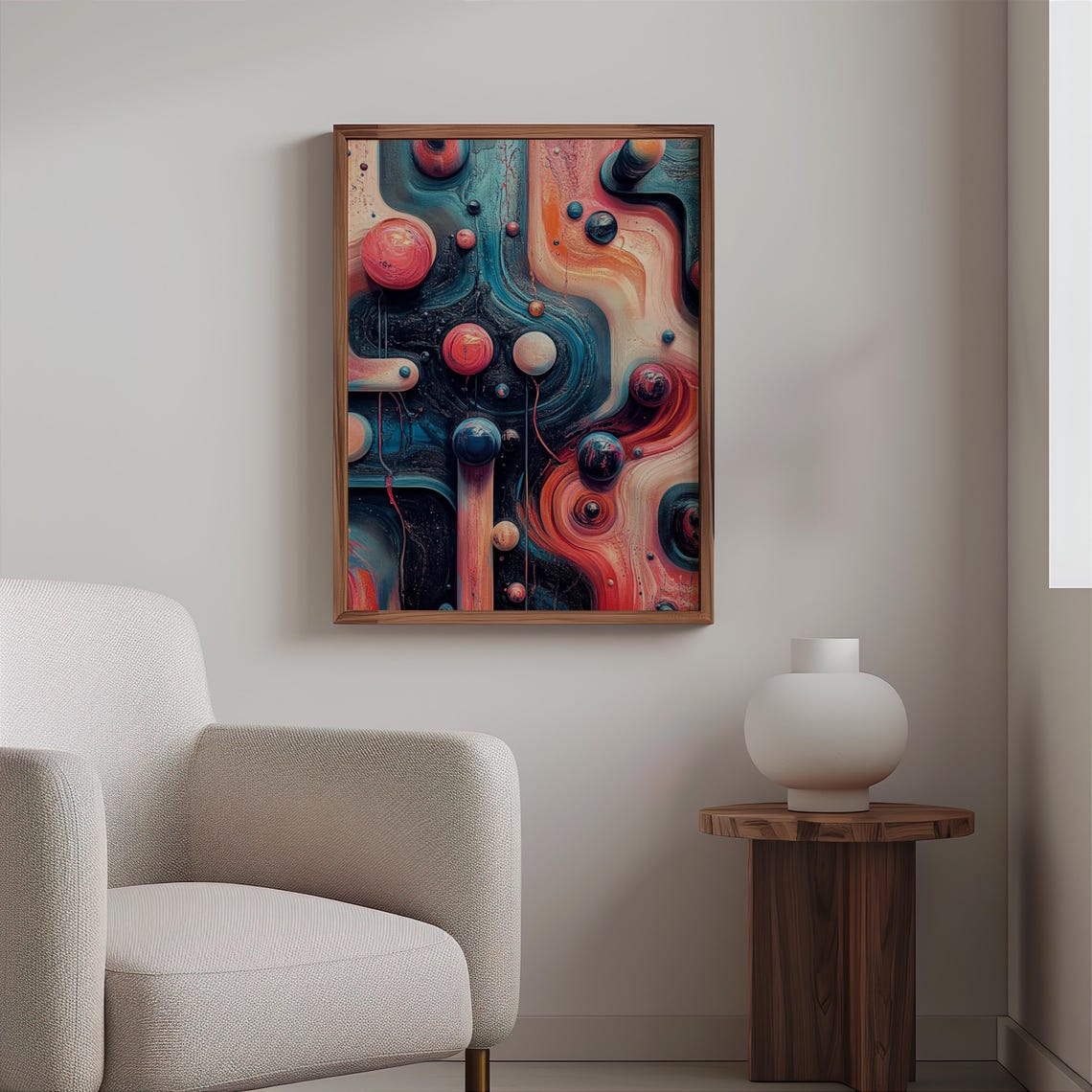 Coral Teal Abstract Swirl Glossy Spheres Photorealistic Art Poster - Image 2