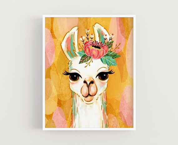 Whimsical Llama Portrait with Pink Flower Crown Pastel Wall Art