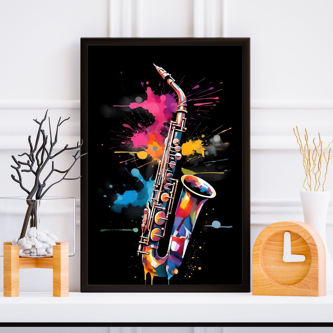 Colorful Saxophone Watercolor Splash Black Background Music Poster - Image 3