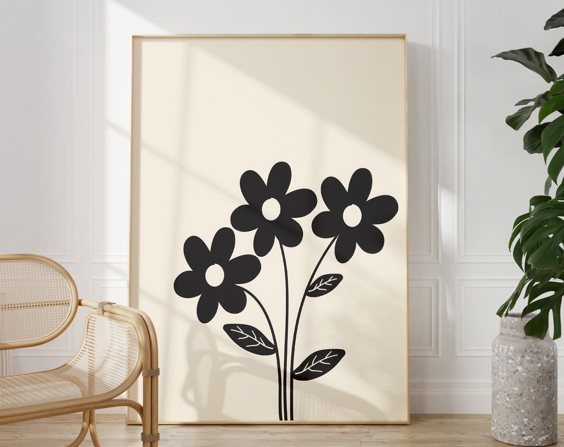 Three Black Daisies On Cream Minimalist Floral Silhouette Poster