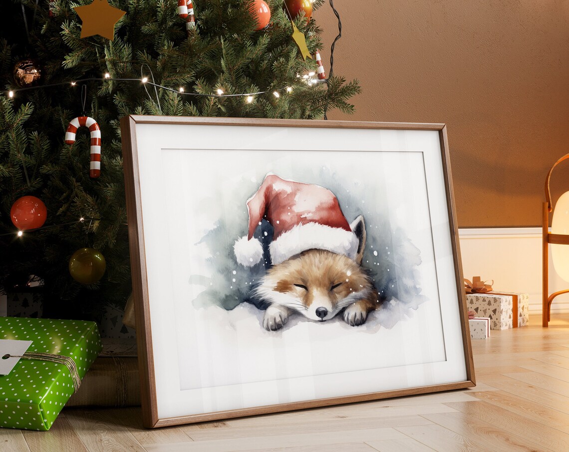 Sleeping Red Fox Wearing Santa Hat Watercolor Christmas Art Poster - Image 4