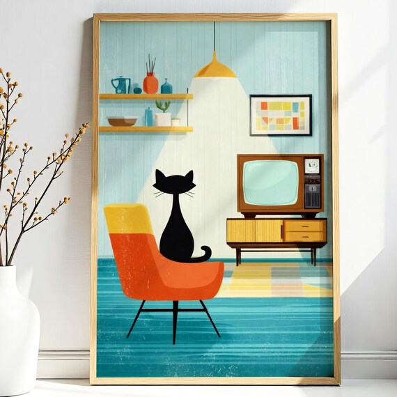 Black Cat Watching a Retro TV in Midcentury Living Room Print