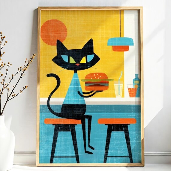 Black Cat Eating Burger At Retro Diner Counter Midcentury Poster