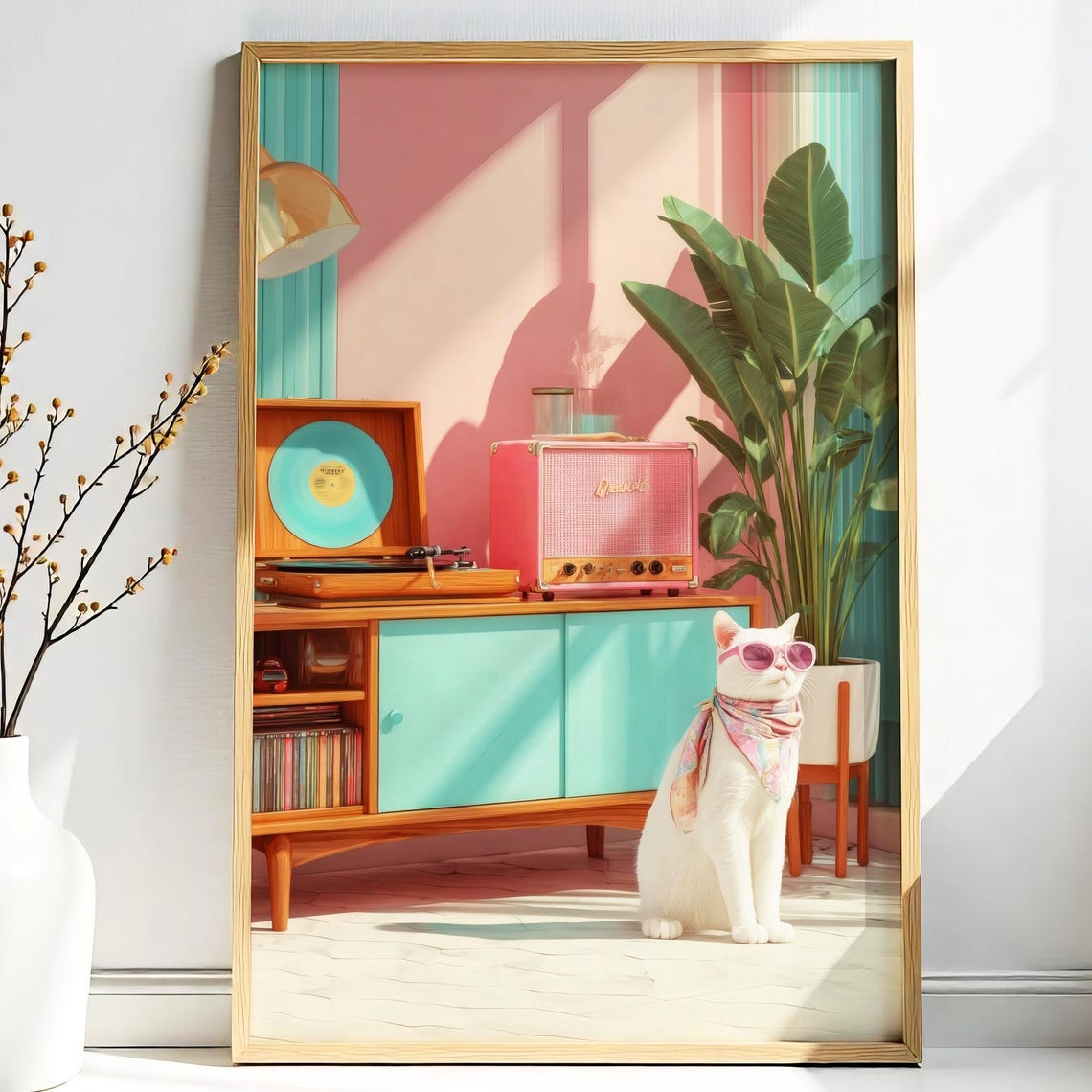 White Cat Record Player Retro Vinyl Corner Pastel Pop Art Poster