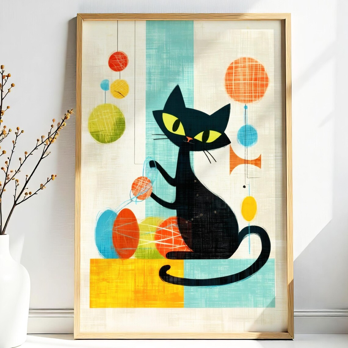 Black Cat Playing With Colorful Yarn Balls Midcentury Fun Poster