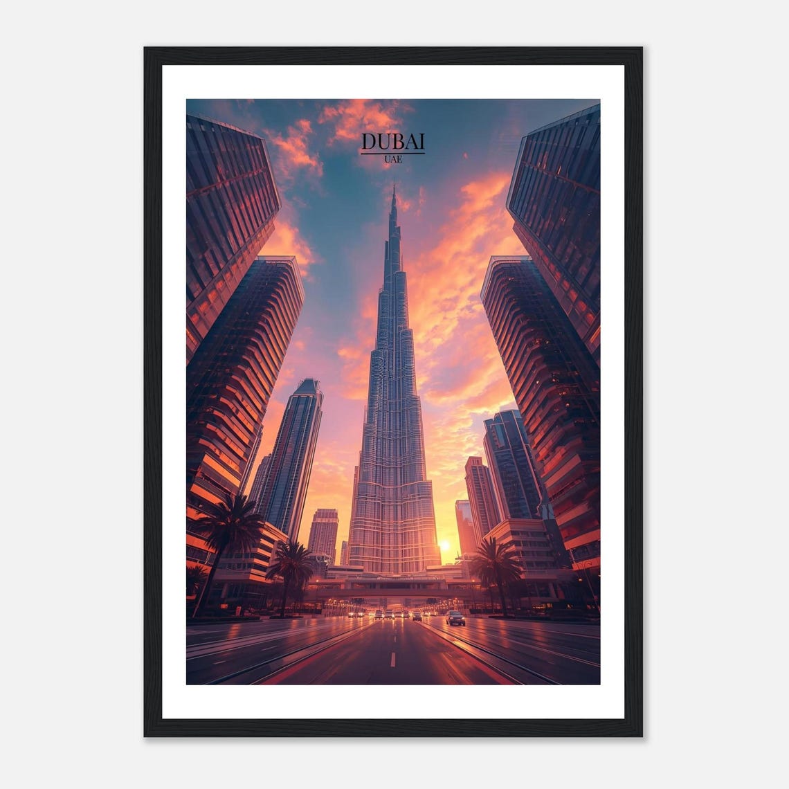 Dubai UAE Burj Khalifa Sunset Skyscraper Street Travel Poster
