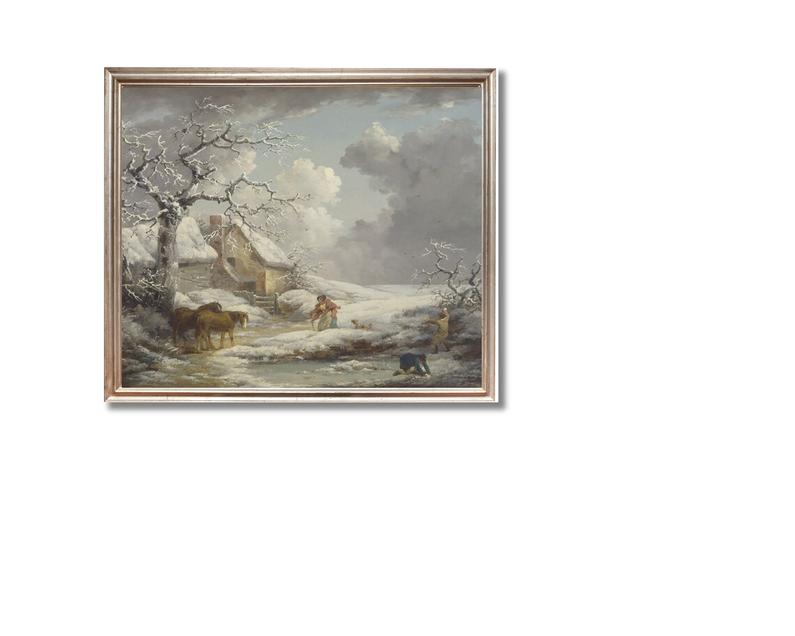Winter Landscape Painting Vintage Christmas Decor Holiday Decor Christmas Poster Farmhouse Oil Painting On