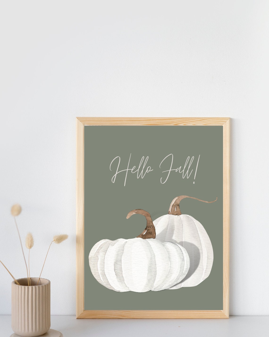 Hello Fall White Pumpkins Watercolor Sage Green Autumn Poster - Image 4