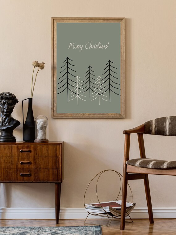 Merry Christmas Minimalist Pine Trees Sage Green Holiday Poster