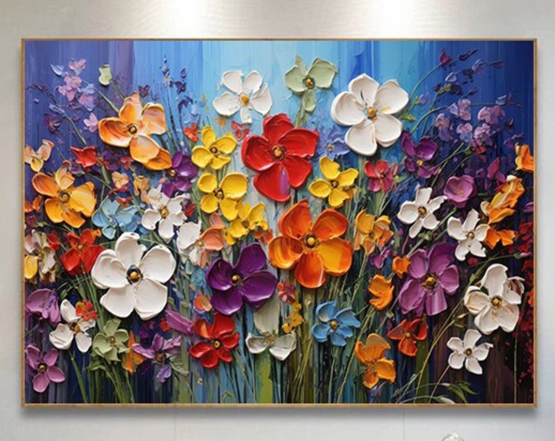 Lush Impasto Wildflower Field With Red Orange Blooms On Blue Poster