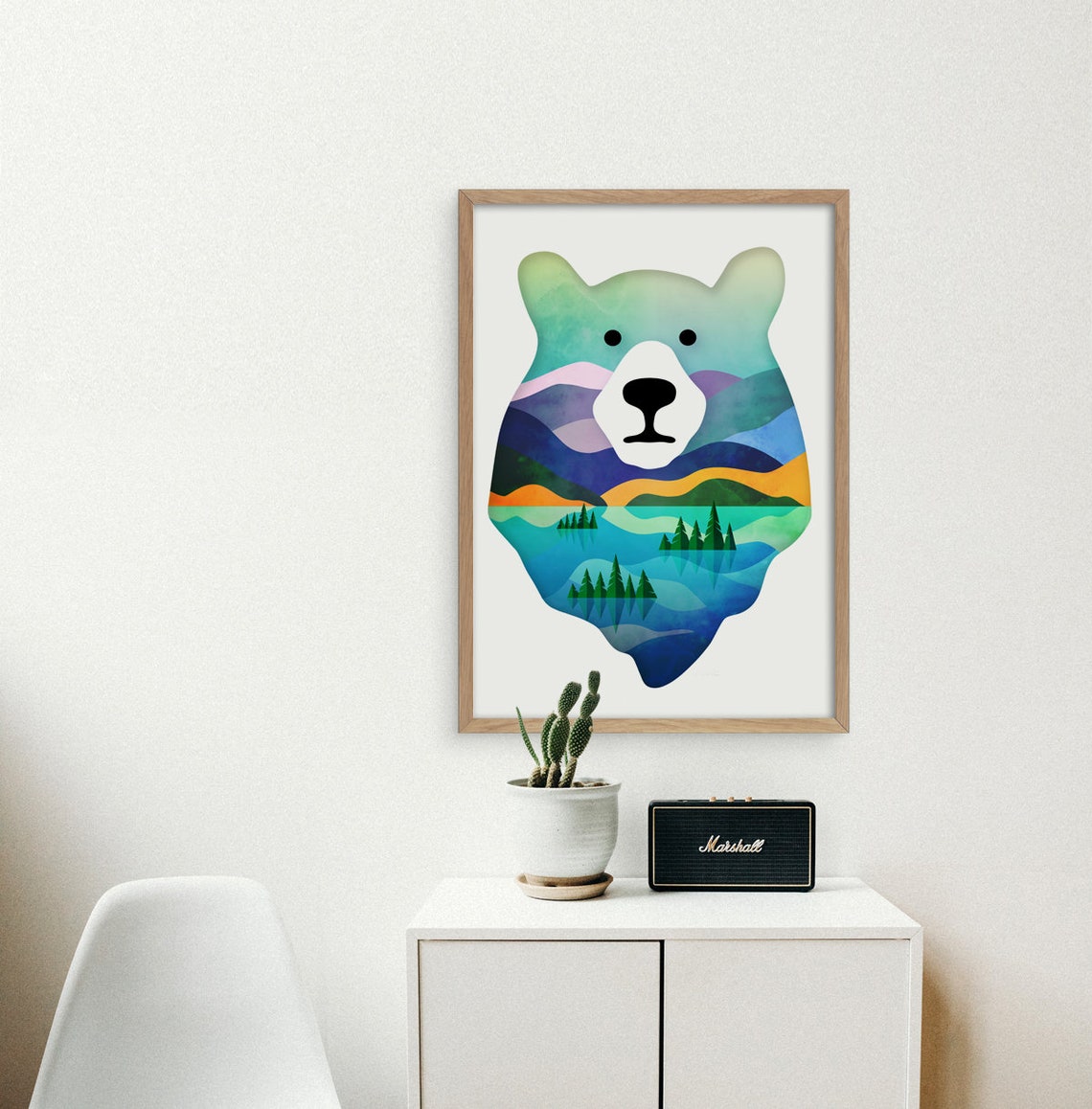 Bear Head Double Exposure Mountain Lake Pine Forest Landscape Poster - Image 4