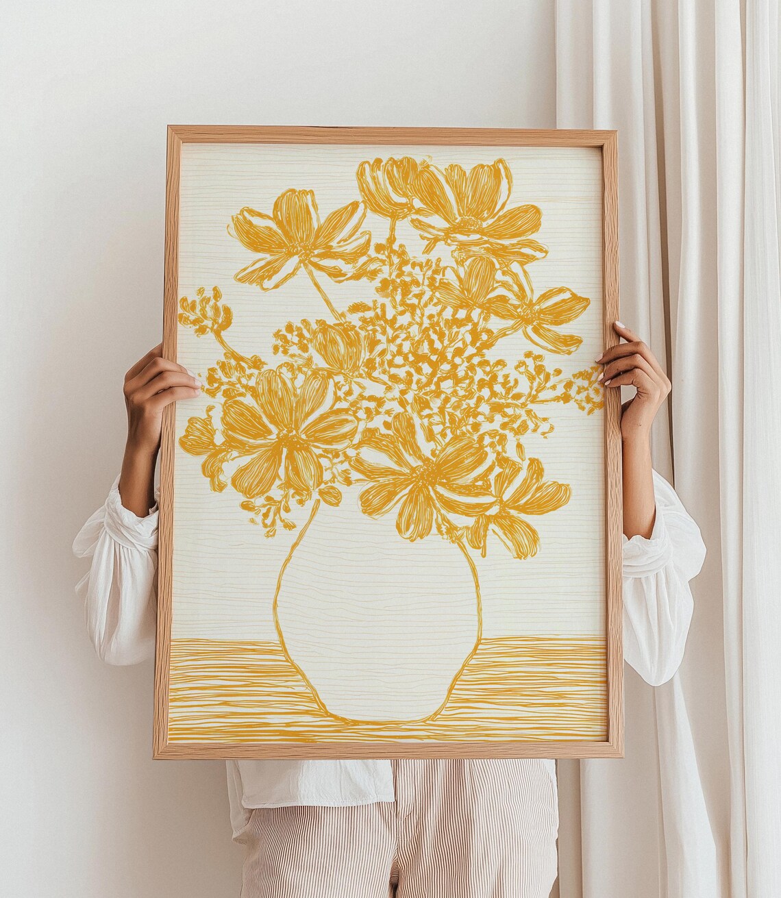 Yellow Floral Vase Line Art Print, Minimalist Bouquet