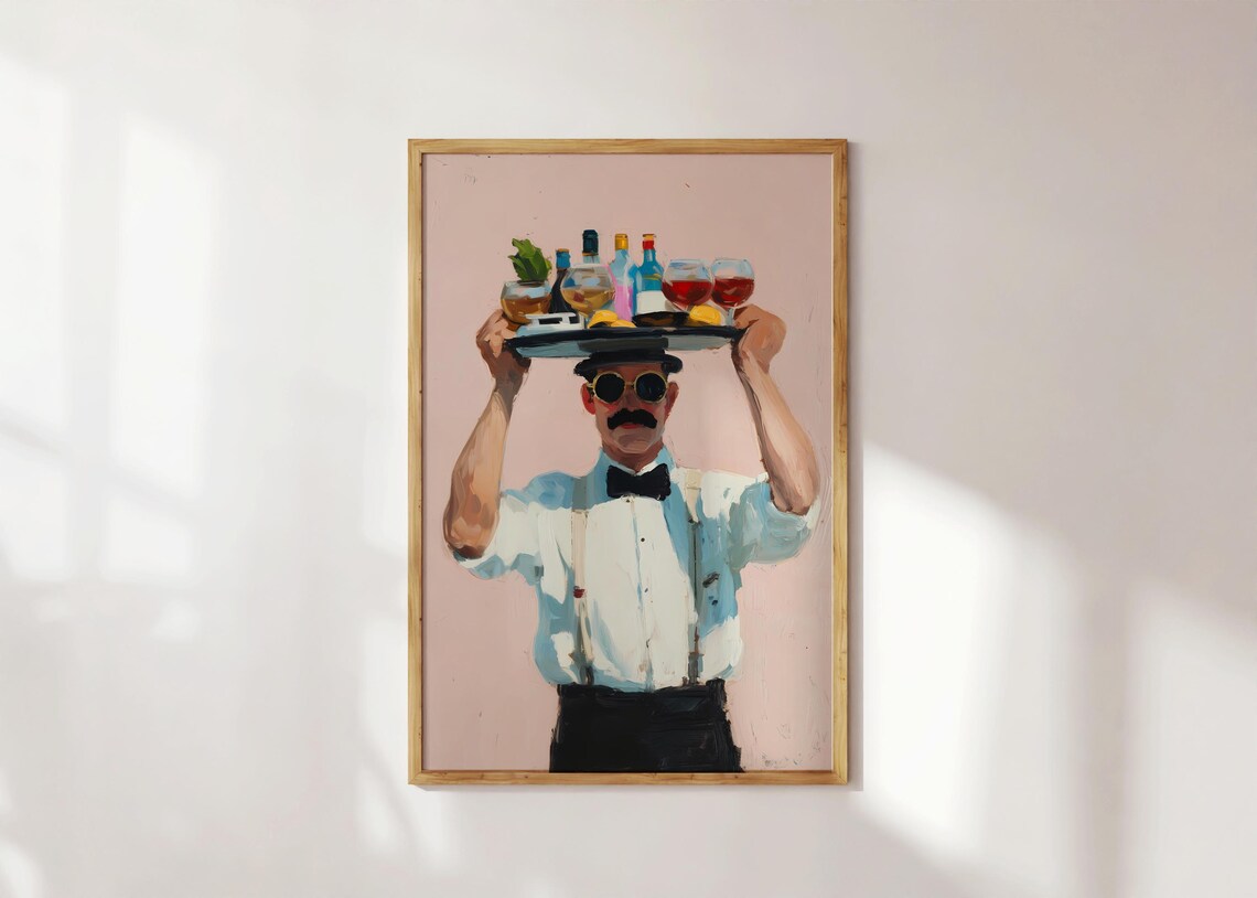 Waiter Art Print, Retro Bar Illustration