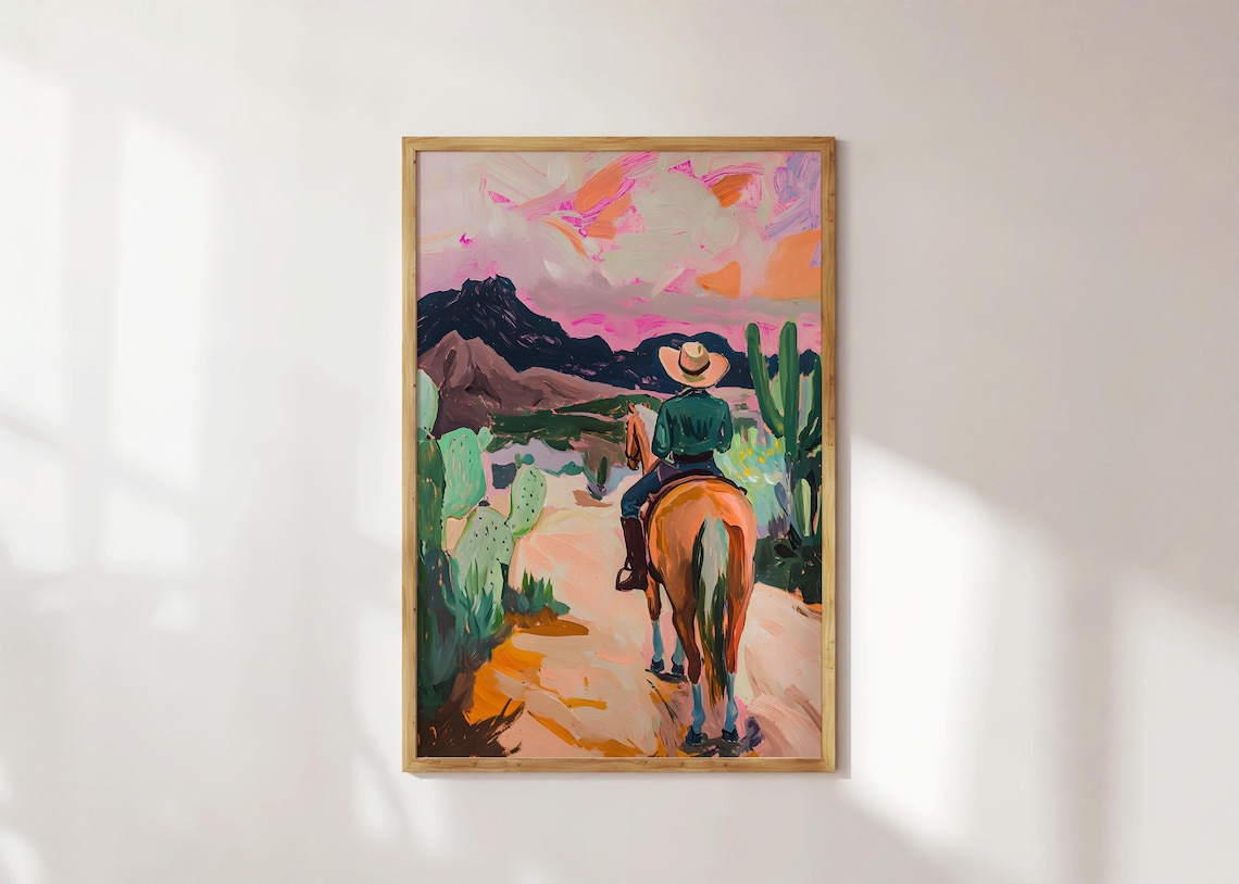 Cowboy on Horseback Desert Cactus Sunset Painting Southwest Poster