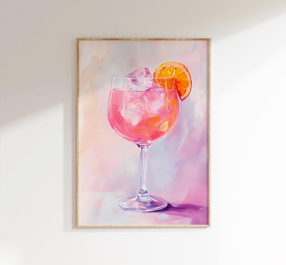 Pink Spritz Cocktail Watercolor Orange Bar Cart Drink Art Poster