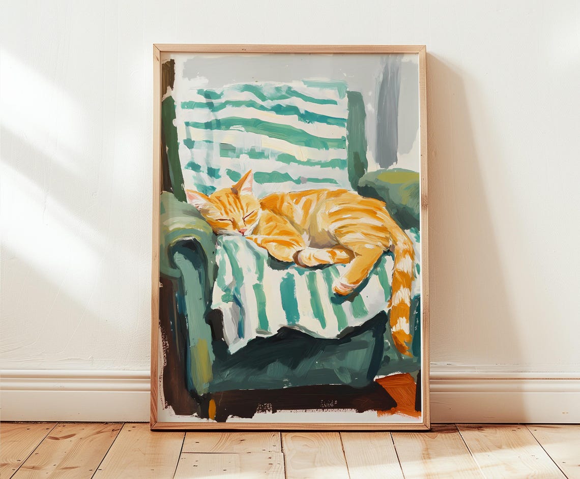 Sleeping Ginger Cat Cozy Striped Armchair Oil Painting Poster Art