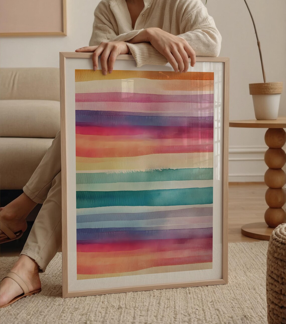 Colorful Watercolor Stripes Modern Abstract Contemporary Wall Art