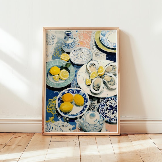 Fresh Oysters And Lemons Blue China Kitchen Still Life Poster