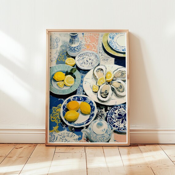 Oysters Lemons Art Print Mediterranean Seafood Painting Italian Food Poster Bold Abstract Blue Kitchen Wall