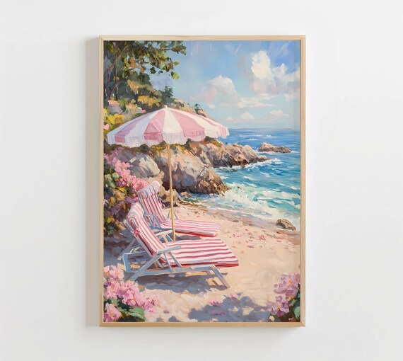 Pink Beach Umbrella Striped Loungers Sunny Coastal Painting Poster