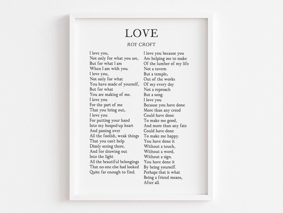 Roy Croft Love Poem I Love You Wedding Ceremony Reading Poster