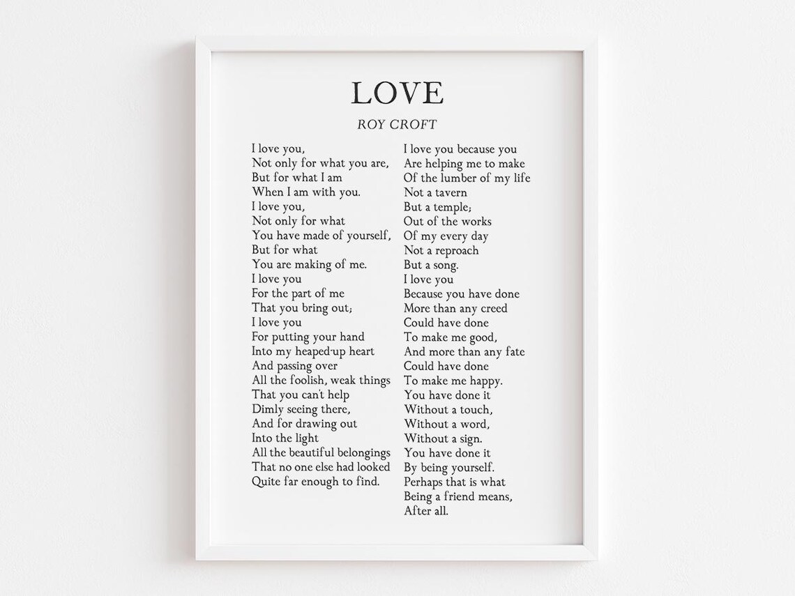 Roy Croft Love Poem I Love You Wedding Ceremony Reading Poster